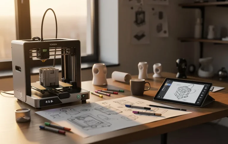 Un bureau de designer avec une imprimante 3D, une tablette graphique et des maquettes de produits en conception sous une lumière douce du matin.