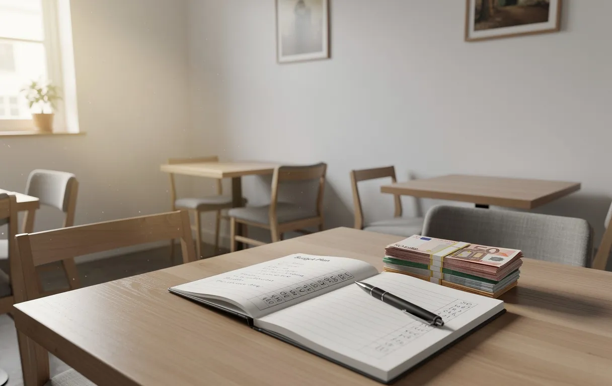 Un petit restaurant vide au décor minimaliste, éclairé par la lumière du matin, avec une liasse de billets en euros et un budget manuscrit posés sur une table.