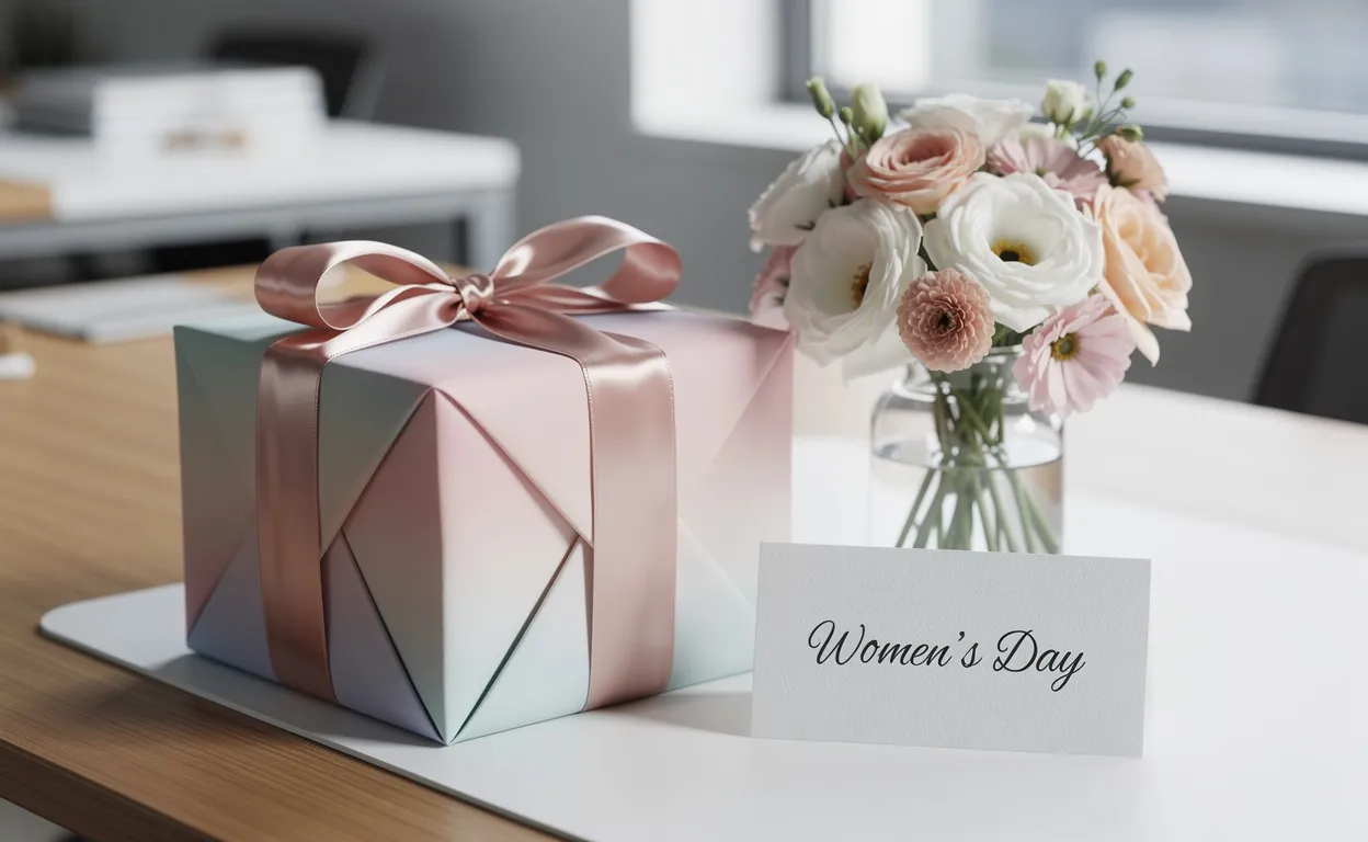 Coffret cadeau décoré d’un ruban élégant posé sur un bureau moderne avec fleurs délicates et une note manuscrite indiquant « Women’s Day », baigné de lumière naturelle.