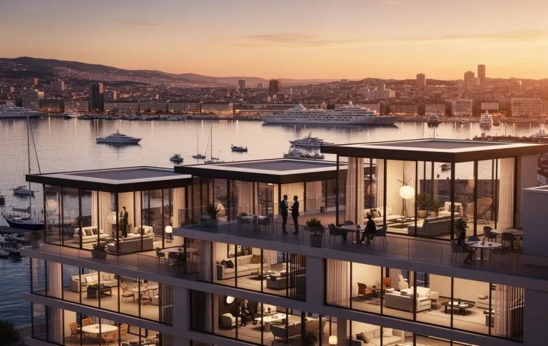 Quatre clubs d'affaires élégants donnent sur le port de Marseille au coucher du soleil, avec de grandes baies vitrées et la silhouette de la ville en arrière-plan.