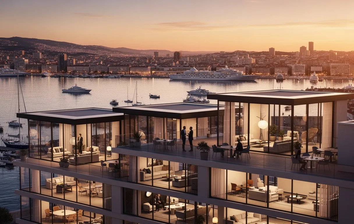 Quatre clubs d'affaires élégants donnent sur le port de Marseille au coucher du soleil, avec de grandes baies vitrées et la silhouette de la ville en arrière-plan.