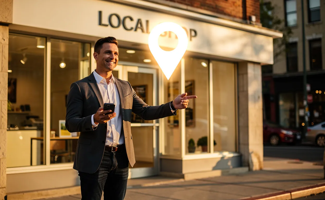 Un commerçant souriant montre un smartphone devant sa boutique, désignant un repère Google Maps lumineux flottant au-dessus de la devanture au coucher du soleil.