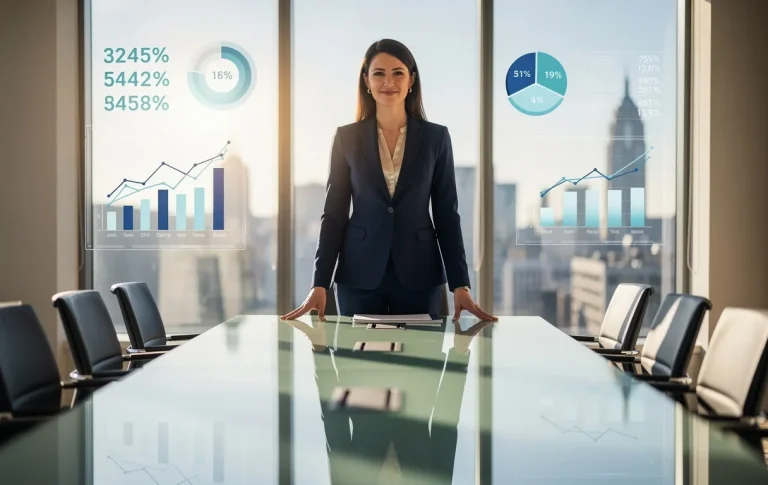 Une femme d'affaires confiante se tient seule devant une table en verre, entourée d'infographies flottantes sous la lumière du matin.