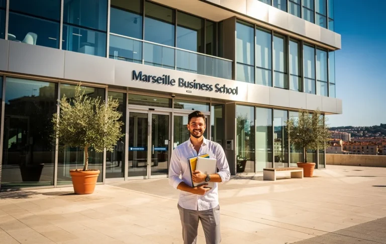 Un étudiant tient des livres devant l'entrée vitrée d'une école de commerce moderne à Marseille sous la lumière du soleil.