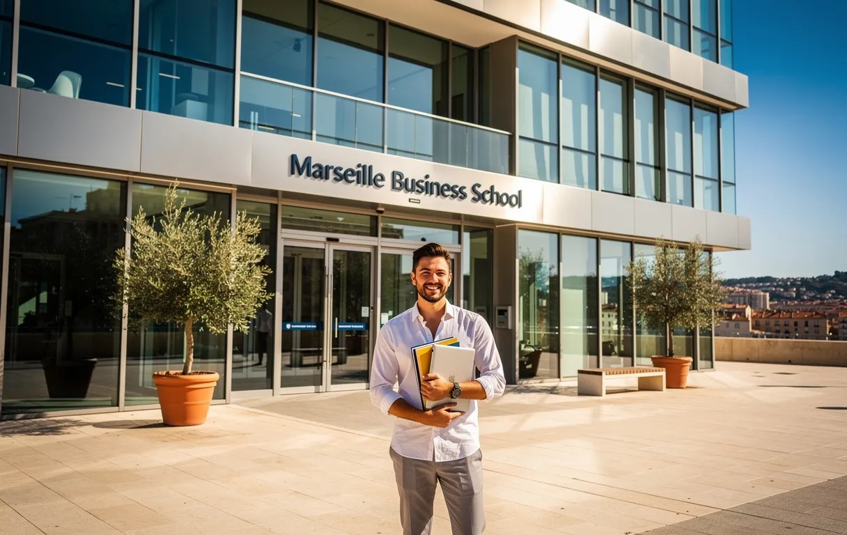 Un étudiant tient des livres devant l'entrée vitrée d'une école de commerce moderne à Marseille sous la lumière du soleil.