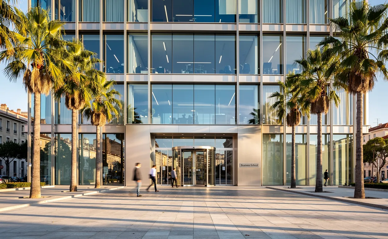 Entrée d’une école de commerce moderne à Marseille avec façade en verre, palmiers et lumière méditerranéenne.