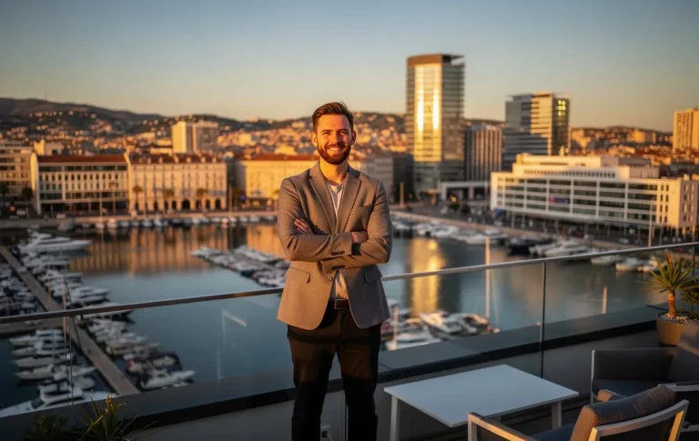 Un jeune entrepreneur marseillais se tient sur une terrasse surplombant le port au lever du soleil, baigné d’une lumière dorée parmi les bâtiments modernes.