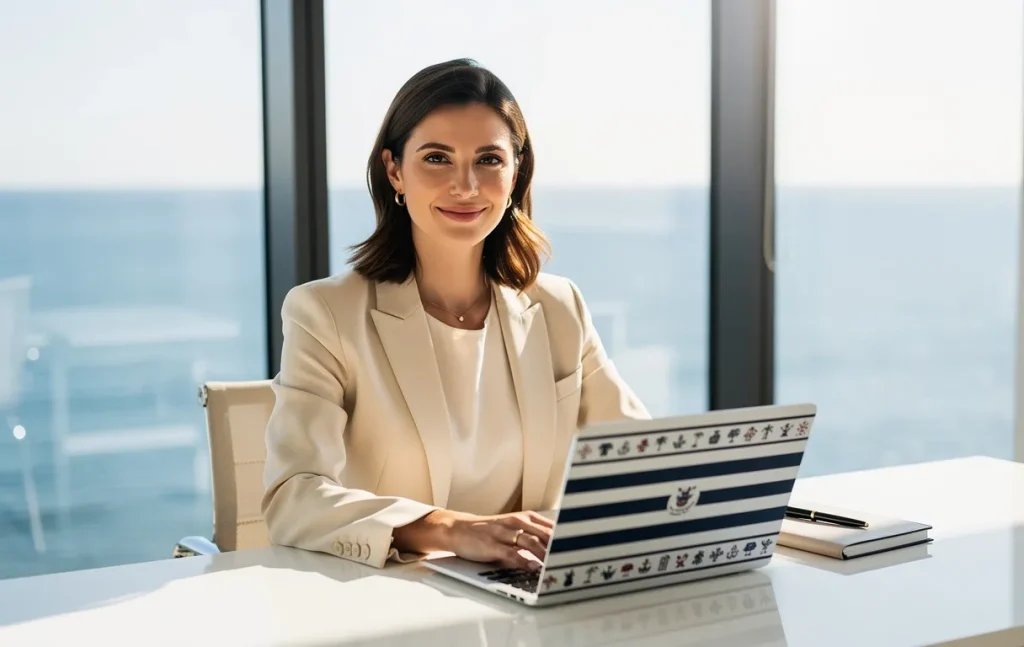 Une femme entrepreneure assise à un bureau devant une fenêtre avec vue sur la mer, un ordinateur orné de motifs bretons et un léger sourire sous une lumière naturelle.