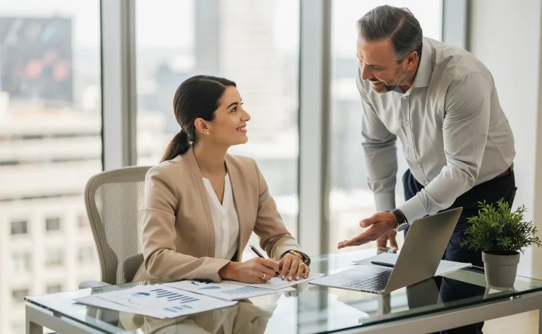Une femme entrepreneure assise à un bureau moderne consulte ses plans d’affaires tandis qu’un mentor l’encourage, dans une lumière naturelle et une ambiance élégante.