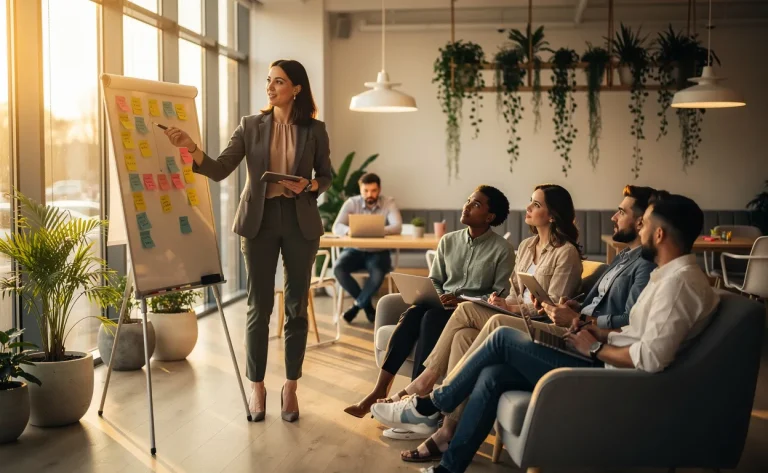 Une femme entrepreneure anime une séance de réflexion avec un petit groupe dans un espace de coworking moderne et lumineux décoré de plantes.