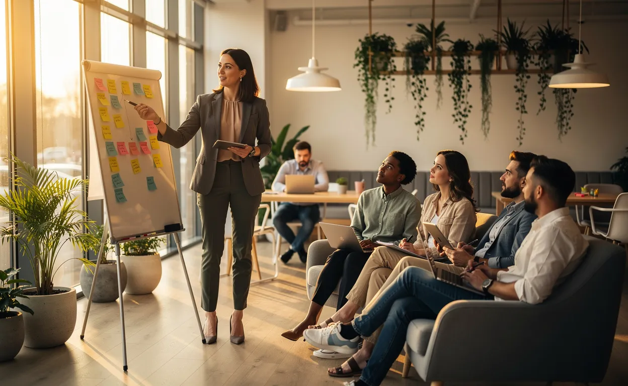 Une femme entrepreneure anime une séance de réflexion avec un petit groupe dans un espace de coworking moderne et lumineux décoré de plantes.