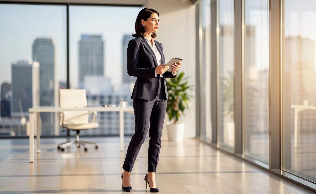 Une femme d'affaires tient une tablette numérique et regarde par la fenêtre d'un bureau moderne sur une vue urbaine baignée de lumière matinale.