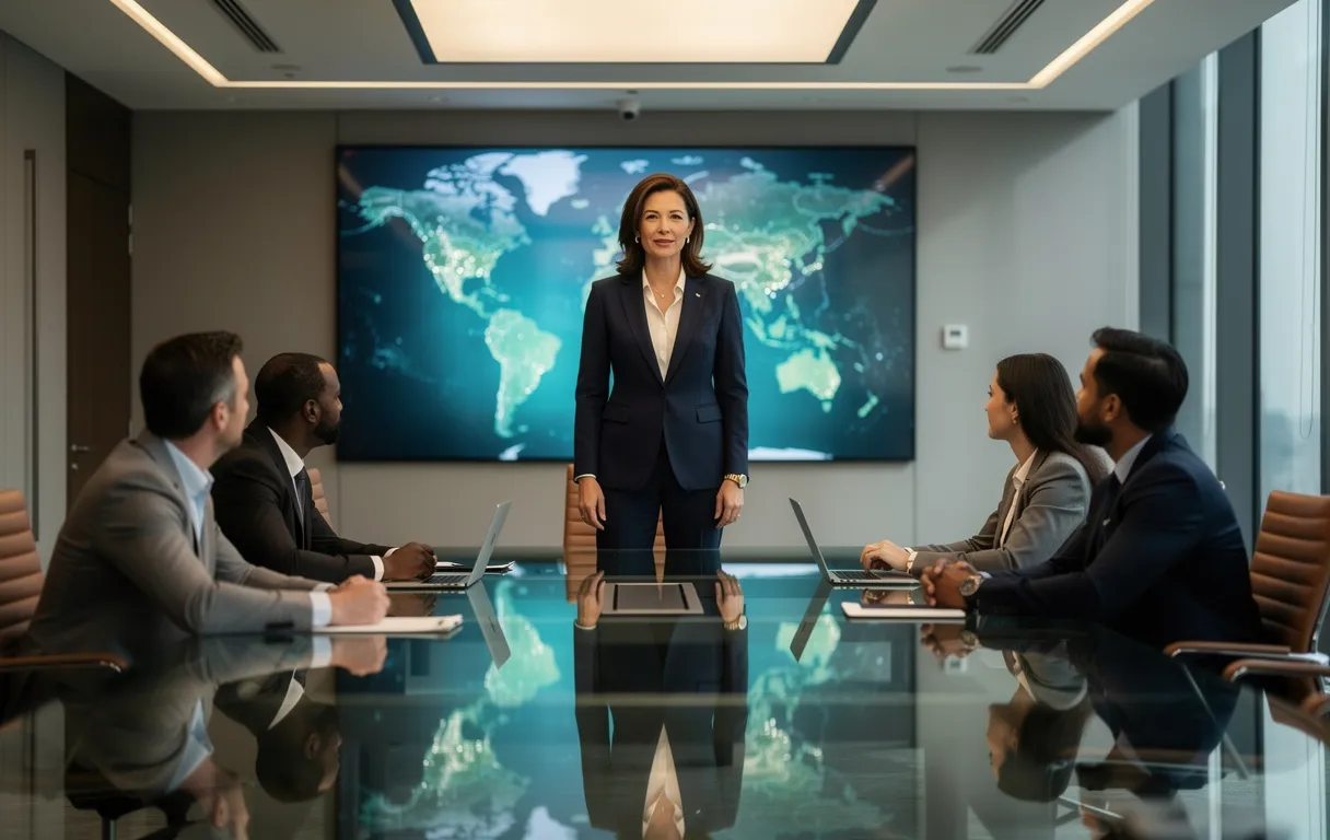 Une femme d'affaires se tient debout au bout d'une table de conférence en verre, avec une carte du monde lumineuse en arrière-plan.