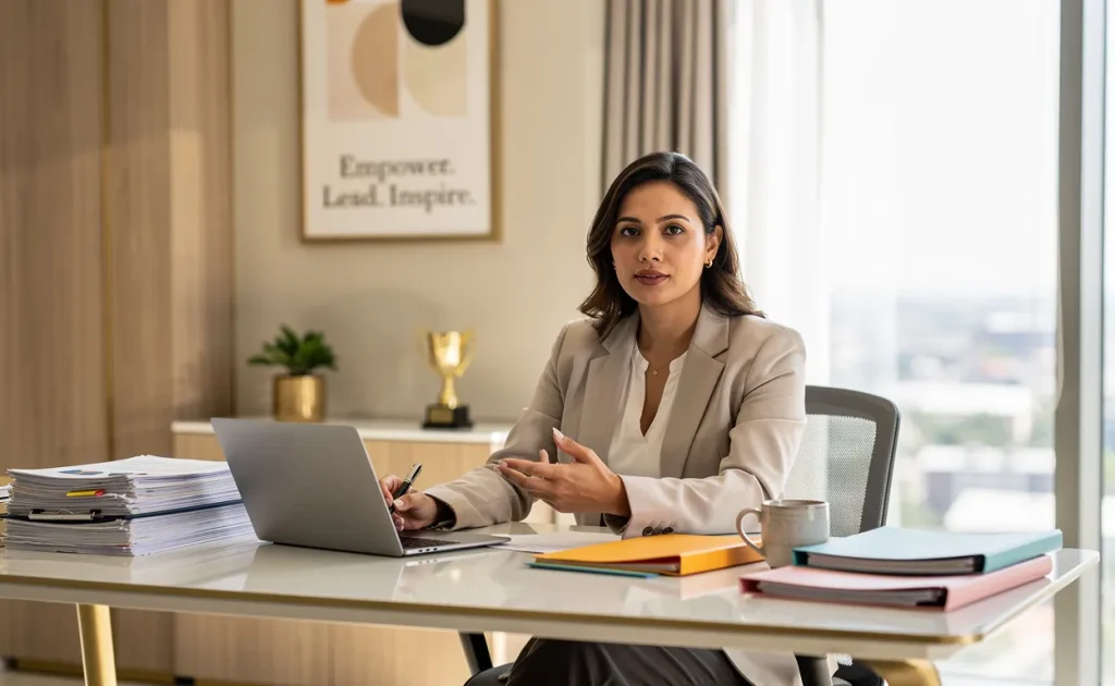 Une femme entrepreneure assise à un bureau moderne travaille parmi des papiers et un ordinateur, baignée de lumière naturelle avec une décoration inspirante.