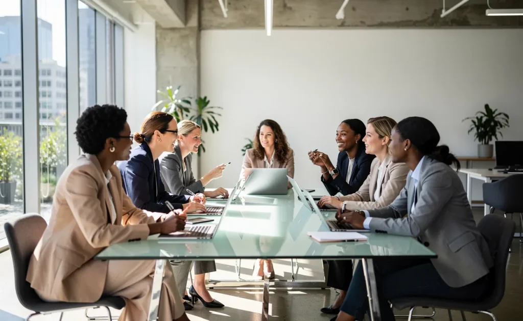 Un groupe de femmes diverses échange autour d'une table en verre dans un espace de co-working lumineux baigné de soleil.
