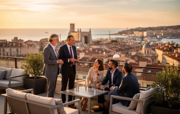 Des investisseurs élégants discutent sur un toit-terrasse à Marseille au coucher du soleil, avec vue sur la ville et la mer.