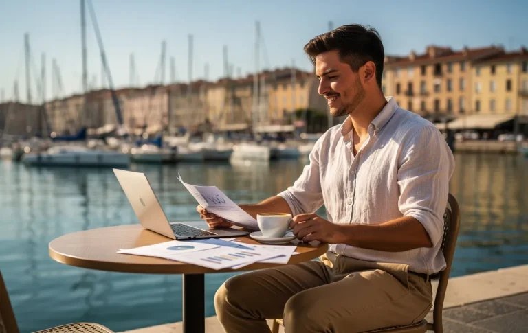 Un jeune entrepreneur examine des documents à une table de café ensoleillée avec le Vieux-Port de Marseille en arrière-plan.