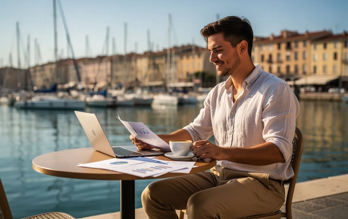 Un jeune entrepreneur examine des documents à une table de café ensoleillée avec le Vieux-Port de Marseille en arrière-plan.
