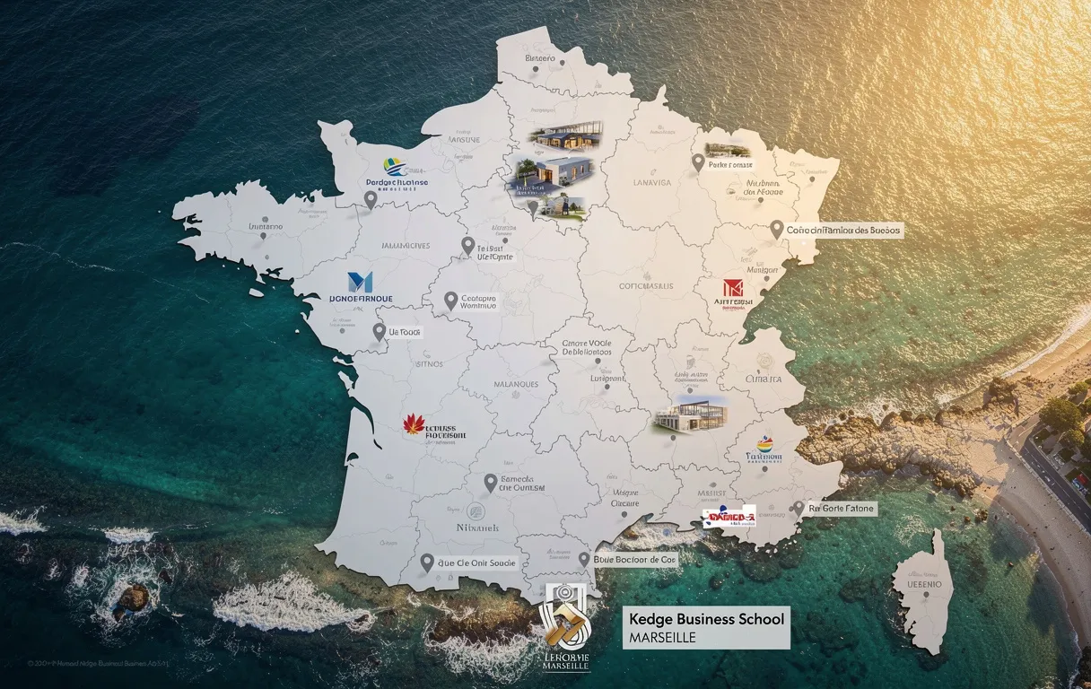Vue aérienne photoréaliste du campus Kedge Business School Marseille entouré d’autres écoles de commerce françaises sur une carte avec la Méditerranée scintillante et une lumière dorée en fin de journée.