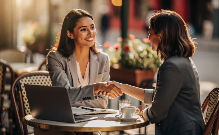 Deux femmes souriantes échangent une poignée de main à une table de café ensoleillée, avec un carnet et un ordinateur portable devant elles.