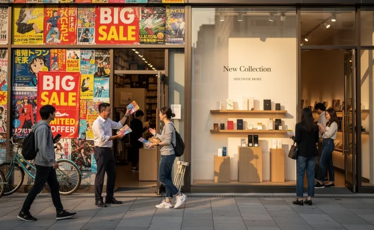 Deux devantures de magasin illustrent le marketing push et pull, avec des affiches colorées et une vitrine attrayante attirant les passants sous une lumière d’après-midi.