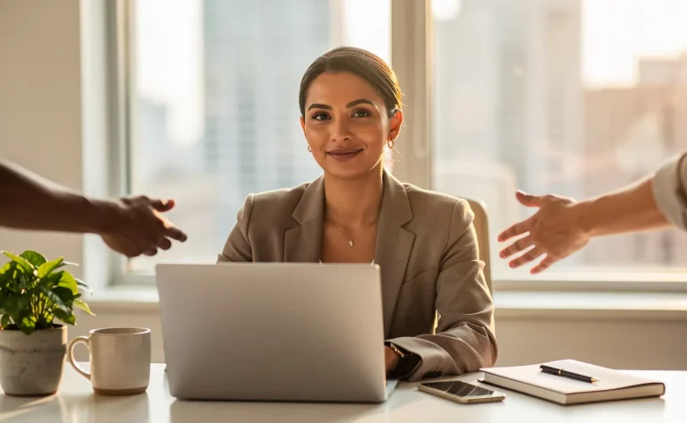 Une femme entrepreneure assise à un bureau moderne, éclairée par la lumière du matin, entourée de mains soutenantes en arrière-plan.