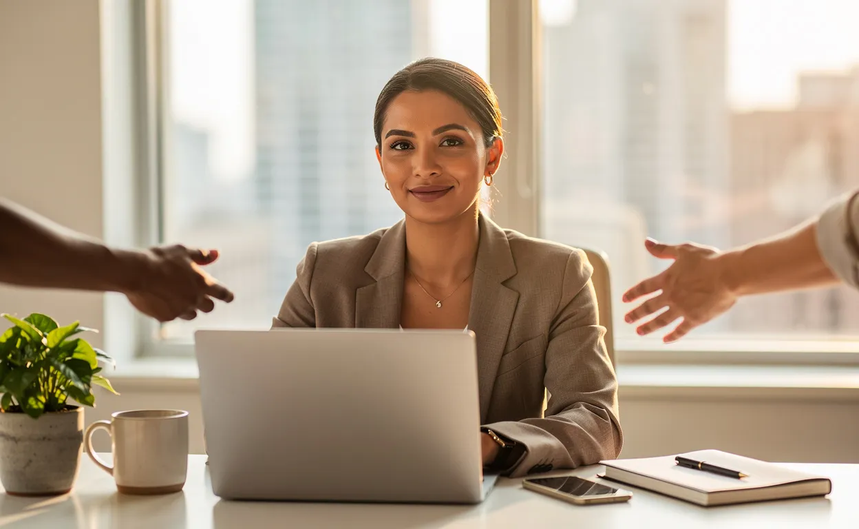 Une femme entrepreneure assise à un bureau moderne, éclairée par la lumière du matin, entourée de mains soutenantes en arrière-plan.