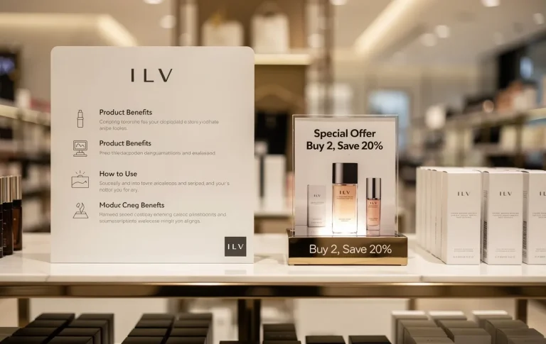 Rayonnage de magasin exposant une ILV informative et une PLV avec offre spéciale sous un éclairage doux.