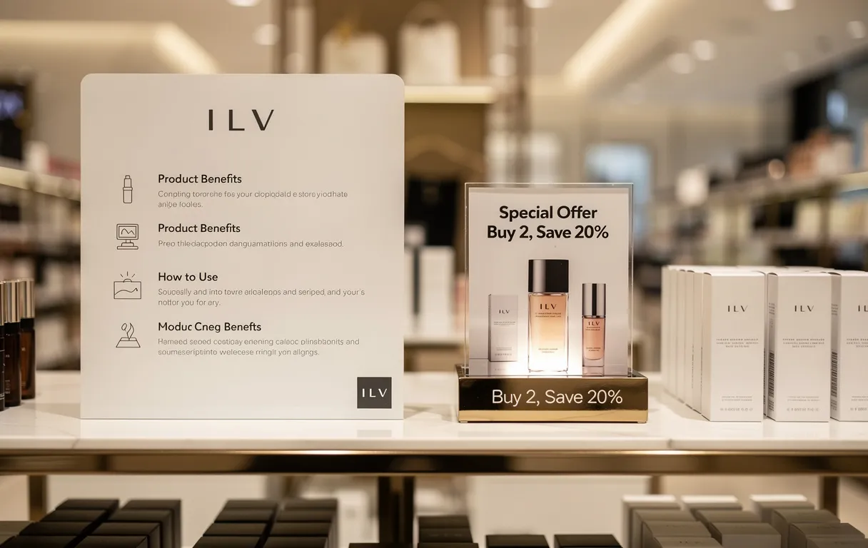 Rayonnage de magasin exposant une ILV informative et une PLV avec offre spéciale sous un éclairage doux.