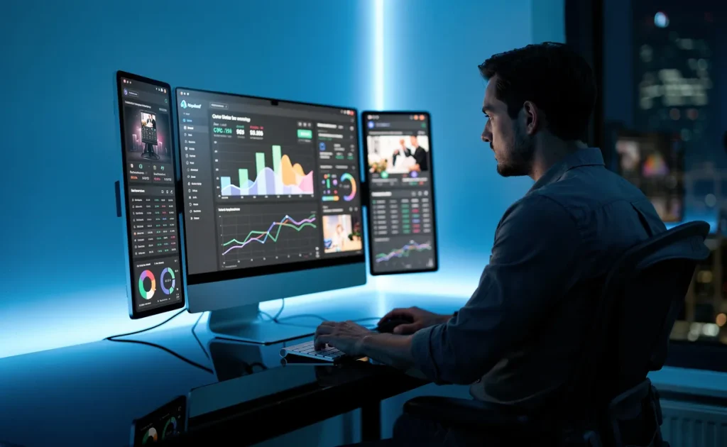 Un spécialiste du marketing digital analyse des graphiques et des publicités programmatiques sur plusieurs écrans dans un bureau moderne éclairé en bleu.