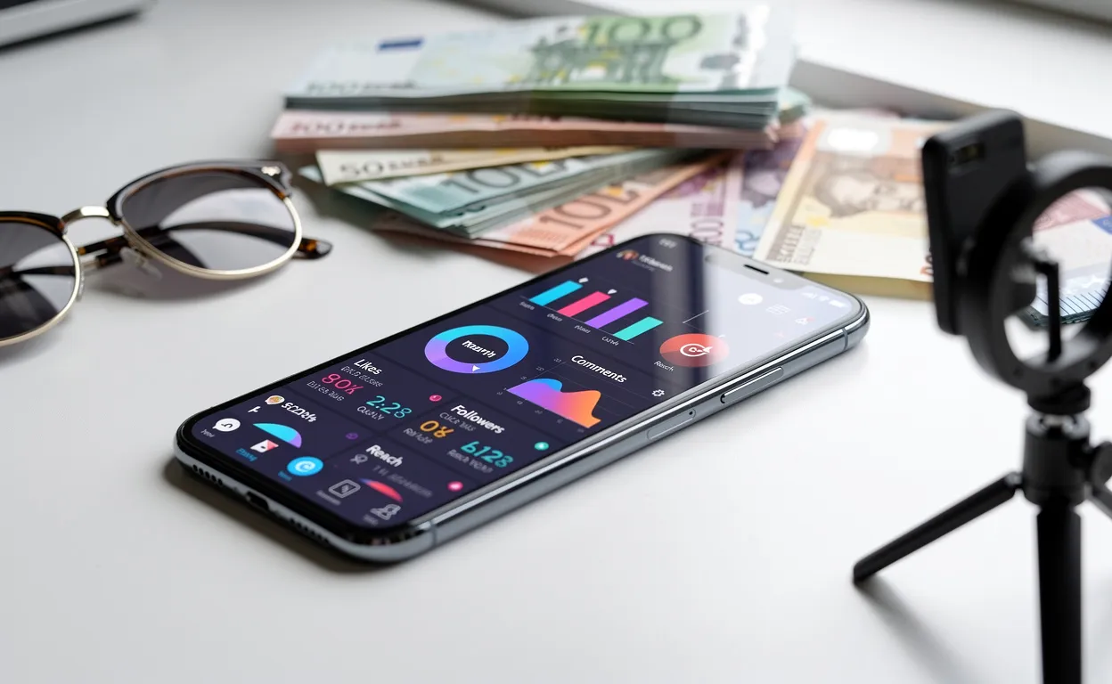 Un smartphone affichant des statistiques de réseaux sociaux repose sur un bureau blanc, entouré de billets en euros, de lunettes de soleil et d'une lampe annulaire.