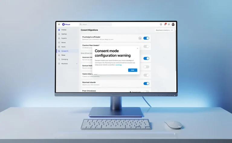 Un ordinateur moderne affiche une fenêtre de configuration du mode consentement avec une notification d’avertissement, dans une ambiance lumineuse bleutée.