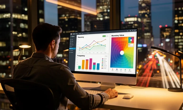 Un marketeur consulte un tableau de bord numérique affichant des graphiques colorés sur la récence, la fréquence et la valeur monétaire, devant une fenêtre donnant sur une ville lumineuse.