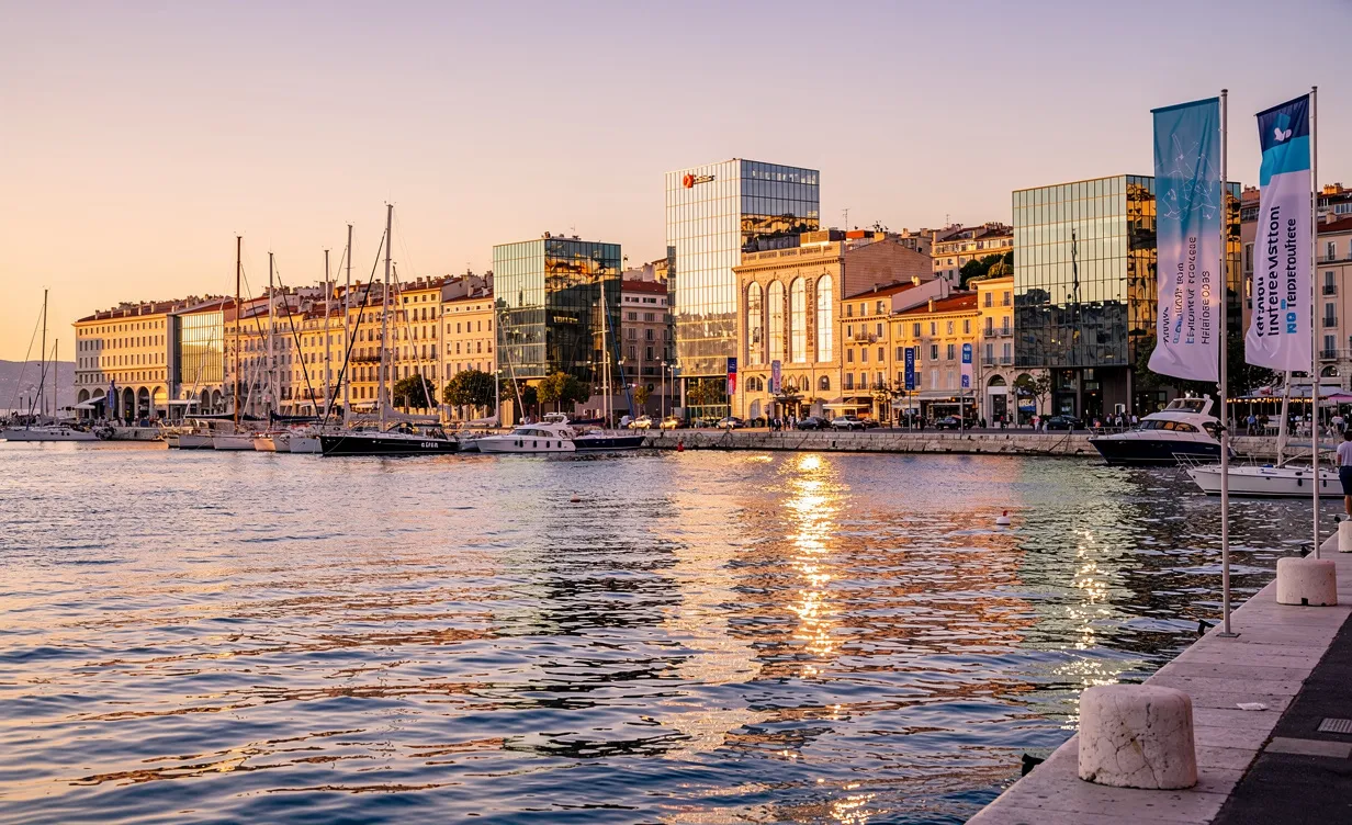 Vue photoréaliste du Vieux-Port de Marseille à l’aube en 2026 avec des immeubles modernes en verre, des banderoles d’événements entrepreneuriaux et la mer Méditerranée sous une lumière dorée.