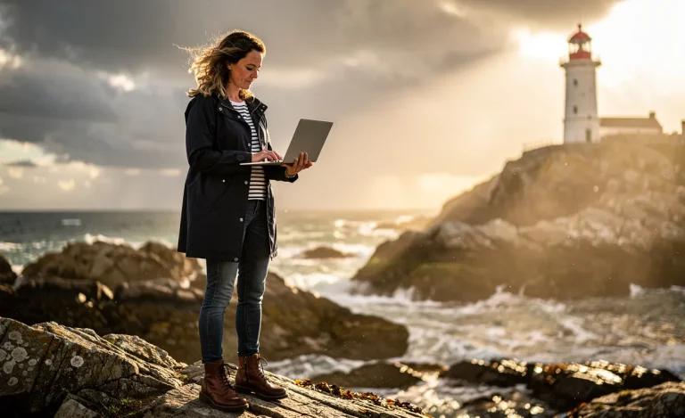 Une femme bretonne regarde son ordinateur portable sur une côte rocheuse, avec l’océan, un phare et des rayons de soleil à l’arrière-plan.