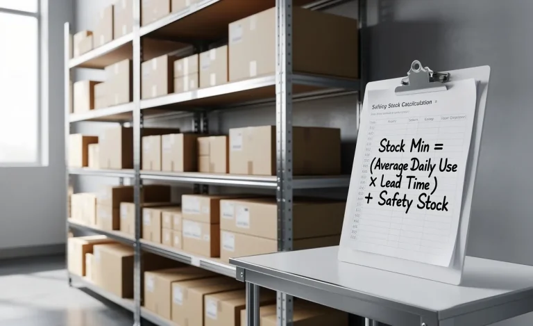 Un rayonnage d’entrepôt bien ordonné avec des boîtes empilées et une tablette affichant une formule de calcul de stock minimum.