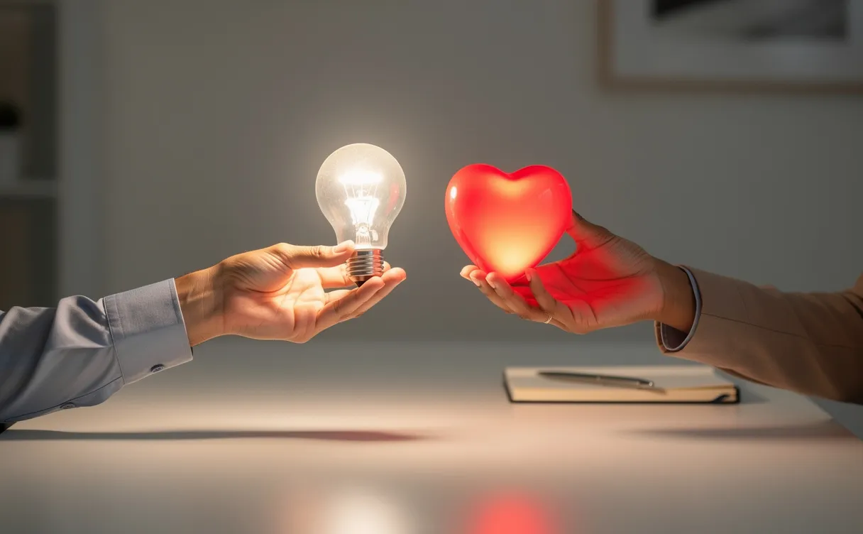 Deux mains échangent une ampoule lumineuse et un cœur au-dessus d’un bureau minimaliste.