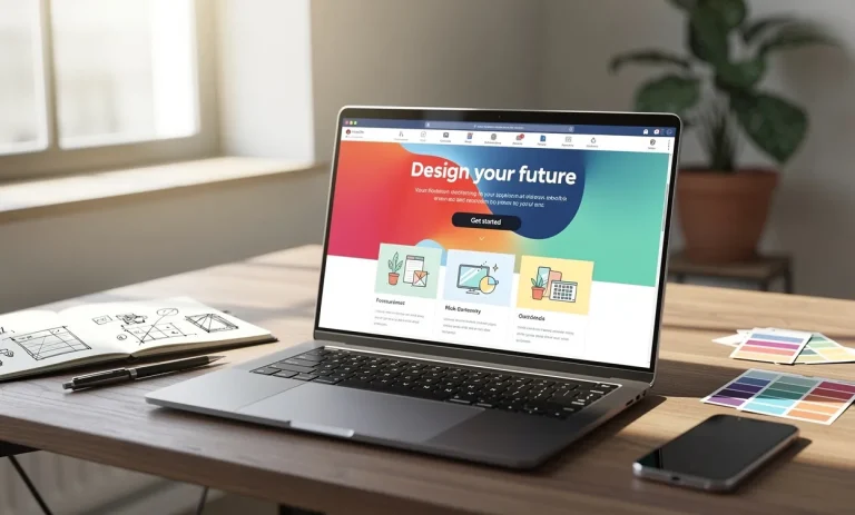 Un ordinateur portable élégant posé sur un bureau de créateur affiche une page d’accueil colorée en cours de conception, éclairé par une douce lumière du jour à travers une fenêtre.