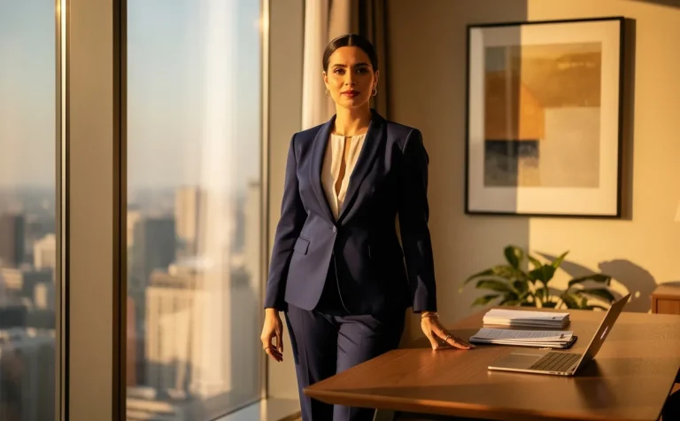 Une cheffe d'entreprise se tient près de la fenêtre de son bureau lumineux, vêtue d'un costume bleu marine et de discrets accessoires dorés.