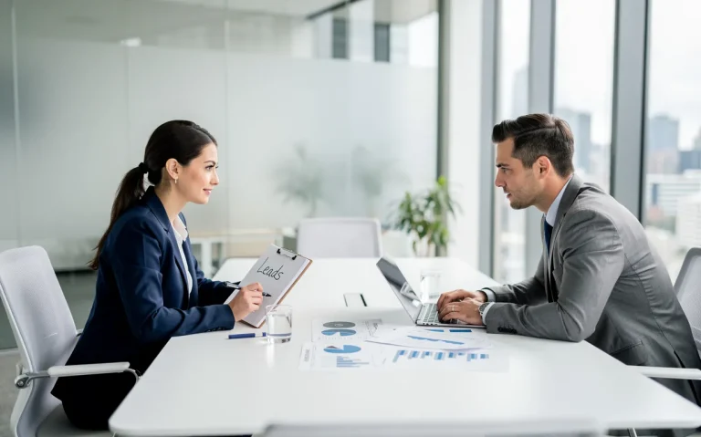Deux professionnels discutent à une table de bureau moderne, l’un tenant un carnet marqué "leads" et l’autre montrant des graphiques de ventes, éclairés par la lumière du jour entrant par de grandes fenêtres.