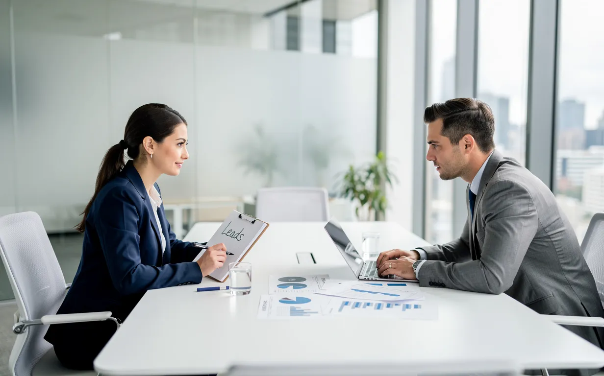 Deux professionnels discutent à une table de bureau moderne, l’un tenant un carnet marqué "leads" et l’autre montrant des graphiques de ventes, éclairés par la lumière du jour entrant par de grandes fenêtres.