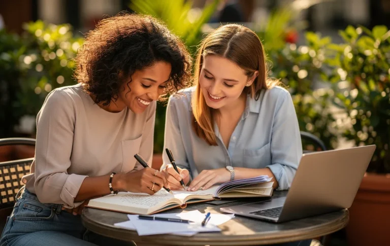 Deux femmes assises à une table de café échangent des idées en souriant, entourées de verdure sous une douce lumière d’après-midi.