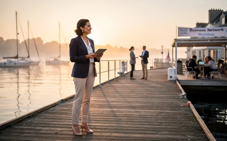 Une femme entrepreneure debout sur un quai à Morbihan, tenant une tablette et regardant le port au lever du soleil, avec une atmosphère de réseau professionnel en arrière-plan.