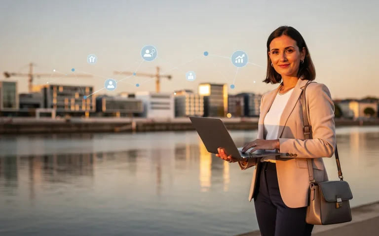 Une femme entrepreneure tient un ordinateur portable près de la Loire à Nantes, face à une ville illuminée et des icônes de réseau discrètes au crépuscule.