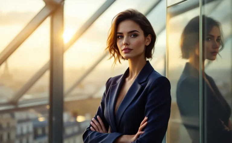 Une femme d’affaires française debout près d’un plafond de verre reflétant son image, avec les toits de Paris en arrière-plan sous une lumière de lever de soleil.