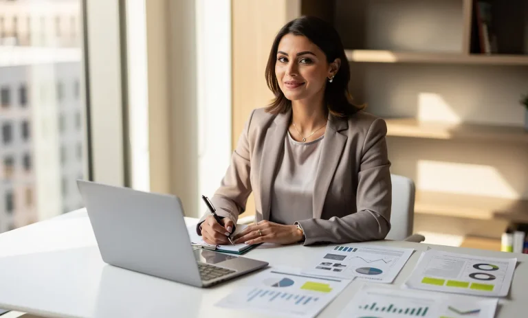 Une jeune femme assise à un bureau moderne travaille sur un ordinateur portable entourée de notes, baignée par la lumière d'une grande fenêtre.