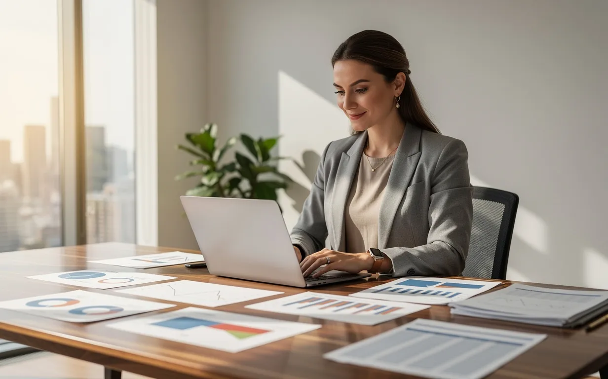 Une femme travaille sur un ordinateur portable à un bureau recouvert de documents financiers dans un bureau moderne baigné de lumière naturelle.