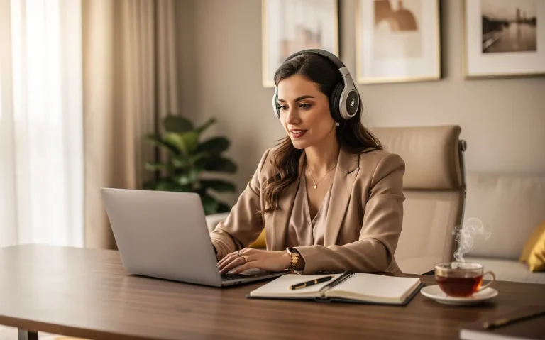 Une femme d’affaires écoute un podcast avec des écouteurs sans fil tout en travaillant à son bureau élégant, entourée d’un ordinateur portable, d’un agenda et d’une tasse de thé dans une lumière douce.