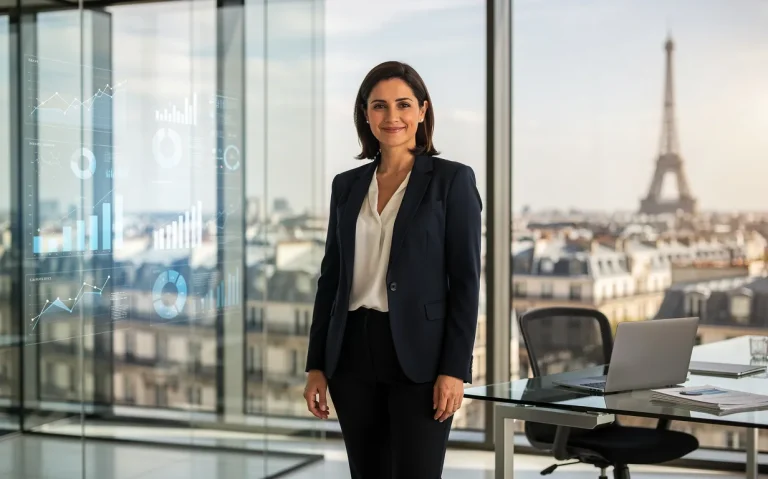 Une femme d'affaires française se tient debout dans un bureau moderne avec vue sur Paris, entourée de graphiques et données numériques en arrière-plan.