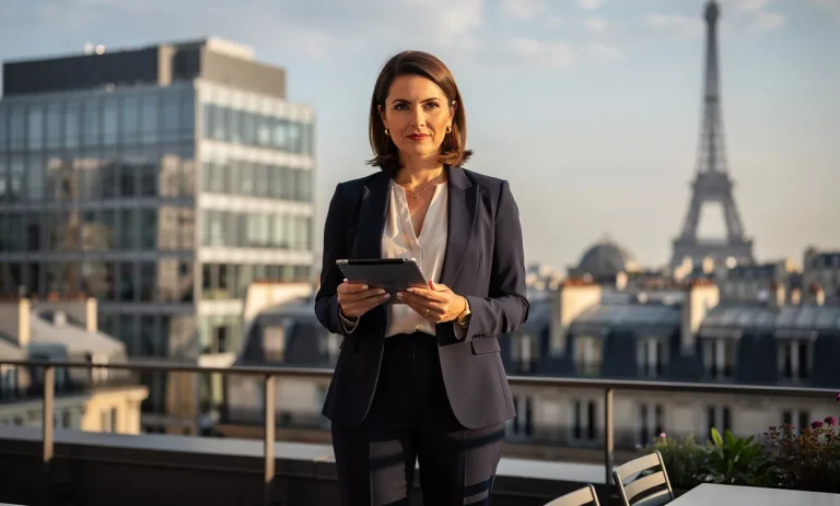 Une femme d'affaires française tenant une tablette se tient devant la skyline moderne de Paris sous une lumière matinale.